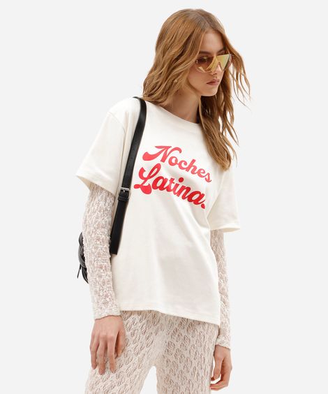 camiseta oversized feminina de algodão peruano manga curta estampada off white