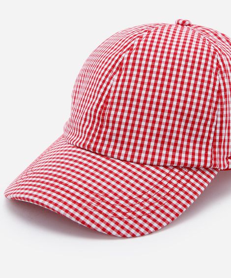 boné feminino aba curva de sarja com estampa xadrez vichy vermelho