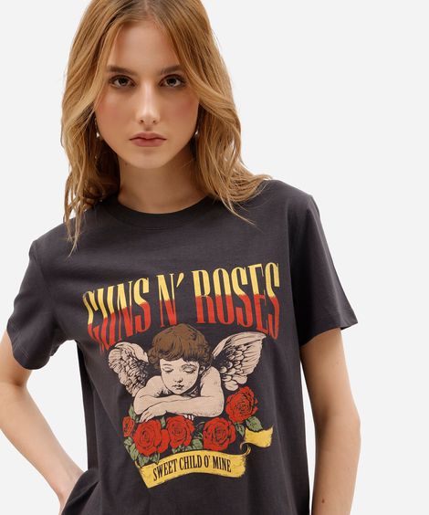 camiseta feminina de algodão peruano manga curta guns n roses cinza