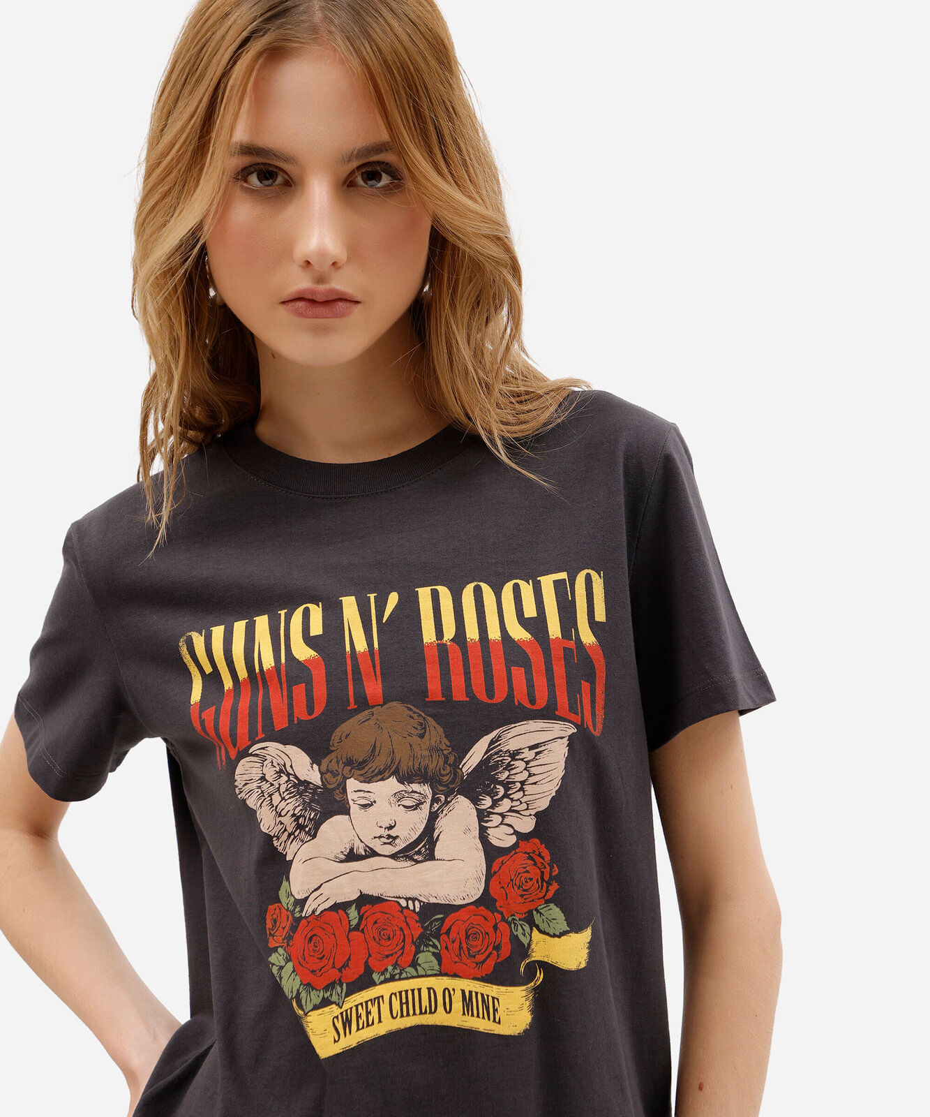 camiseta feminina de algodão peruano manga curta guns n roses cinza