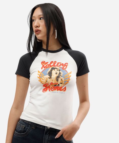 camiseta raglan baby look feminina de algodão manga curta the rolling stones off white