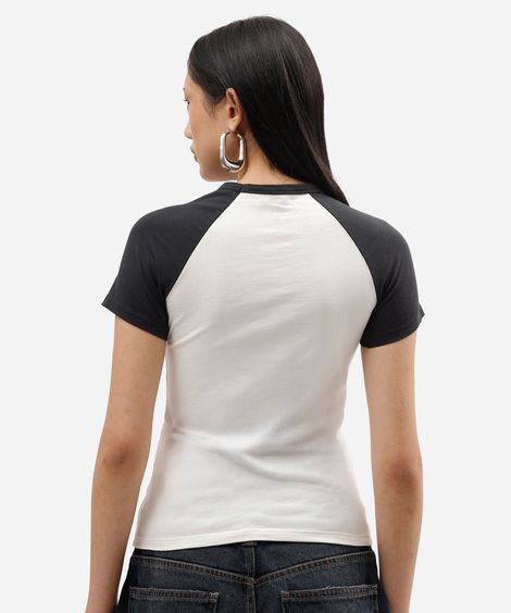 camiseta raglan baby look feminina de algodão manga curta the rolling stones off white