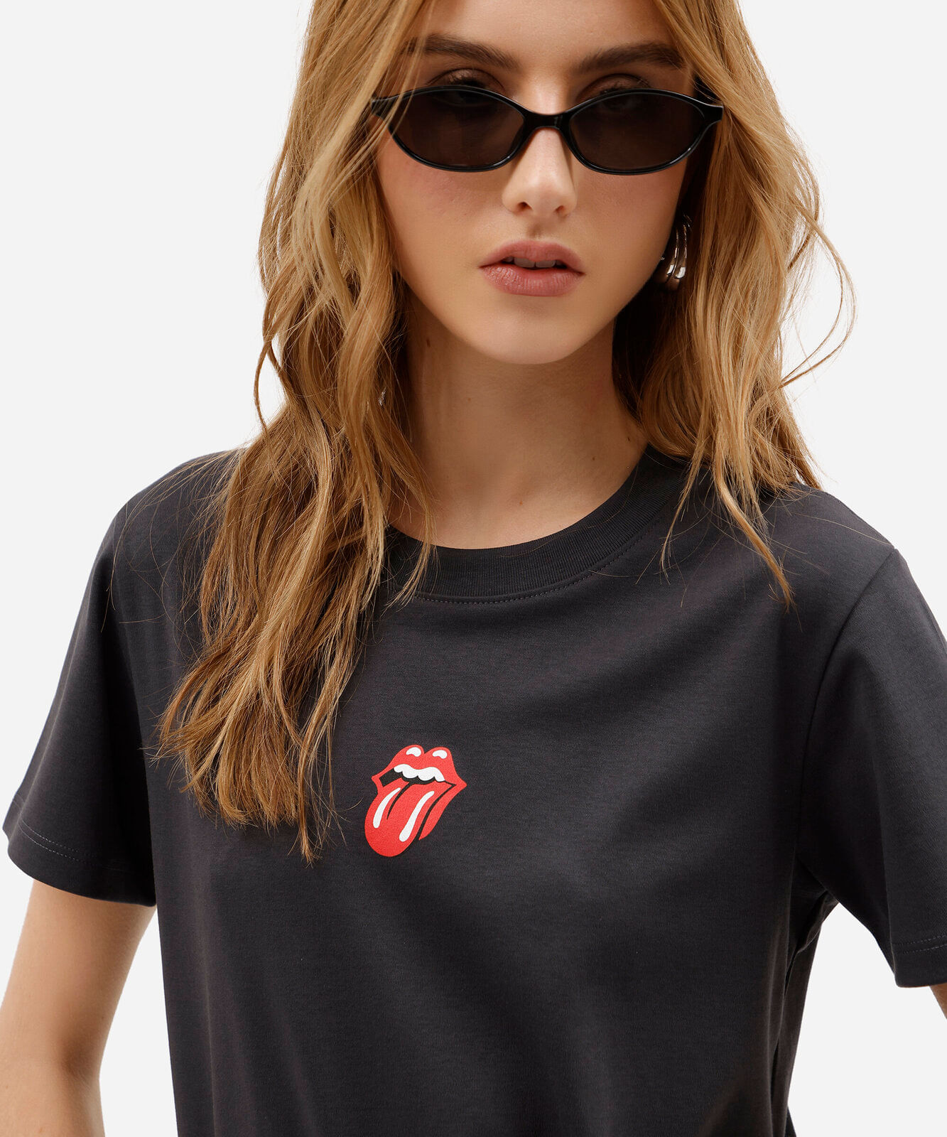 camiseta feminina de algodão peruano manga curta the rolling stones cinza