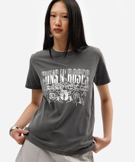 camiseta feminina de algodão manga curta estonada guns n roses cinza