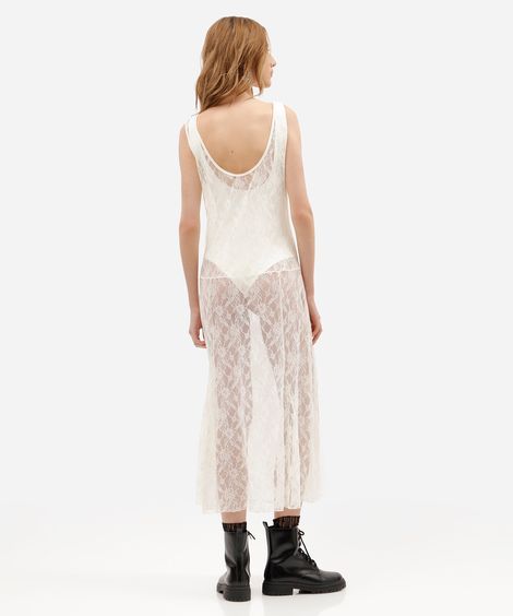 vestido midi feminino de renda floral off white