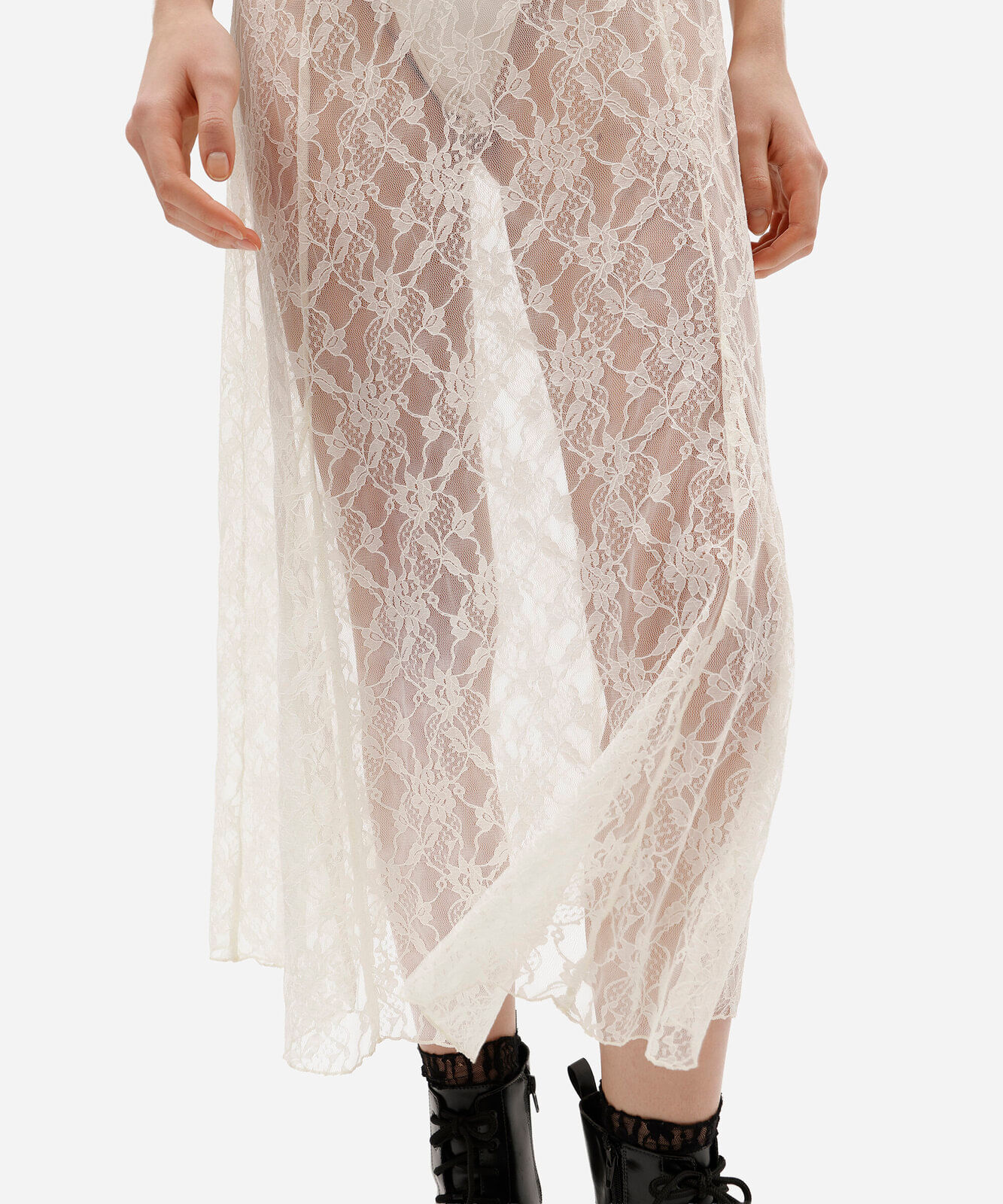 vestido midi feminino de renda floral off white