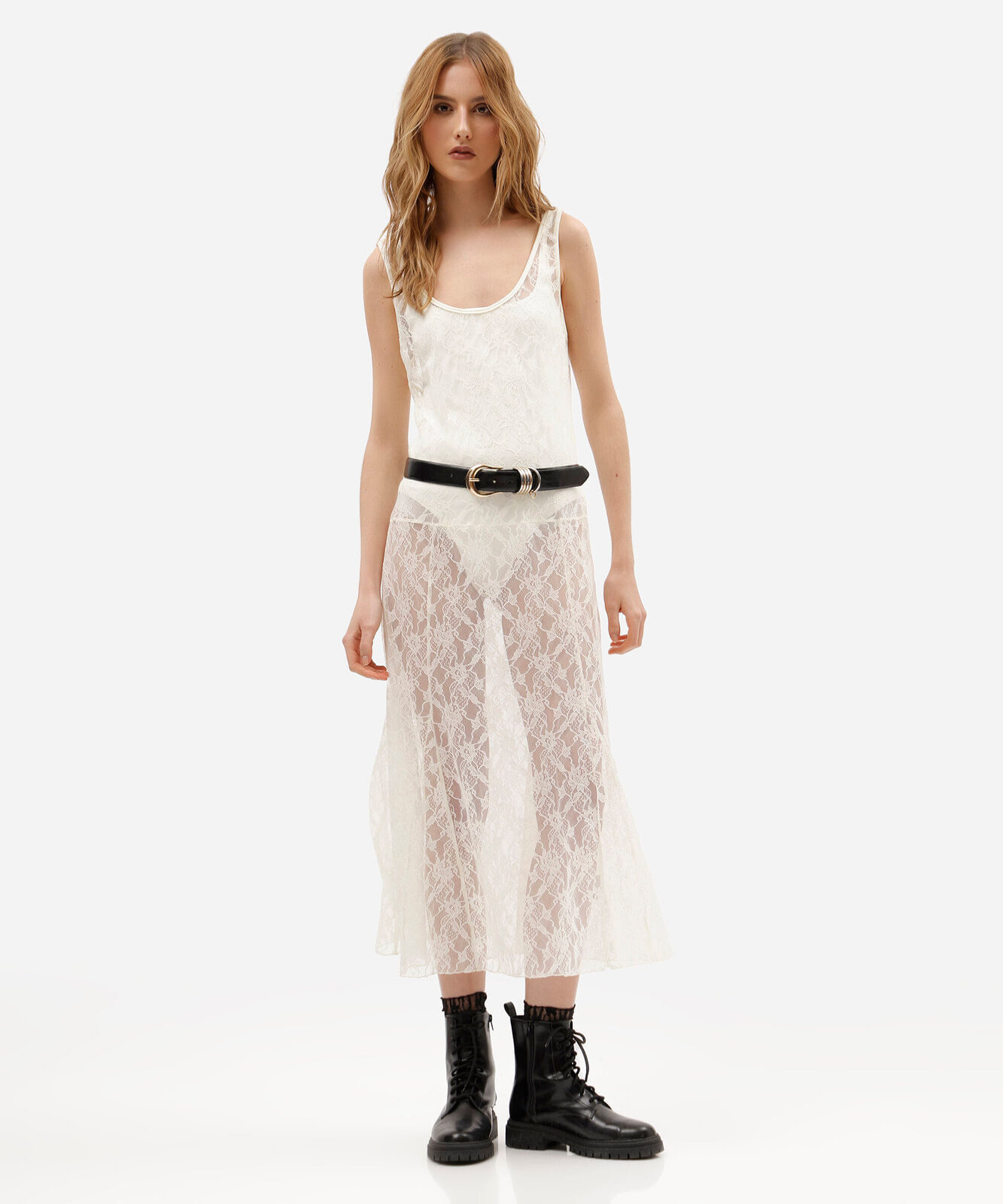vestido midi feminino de renda floral off white