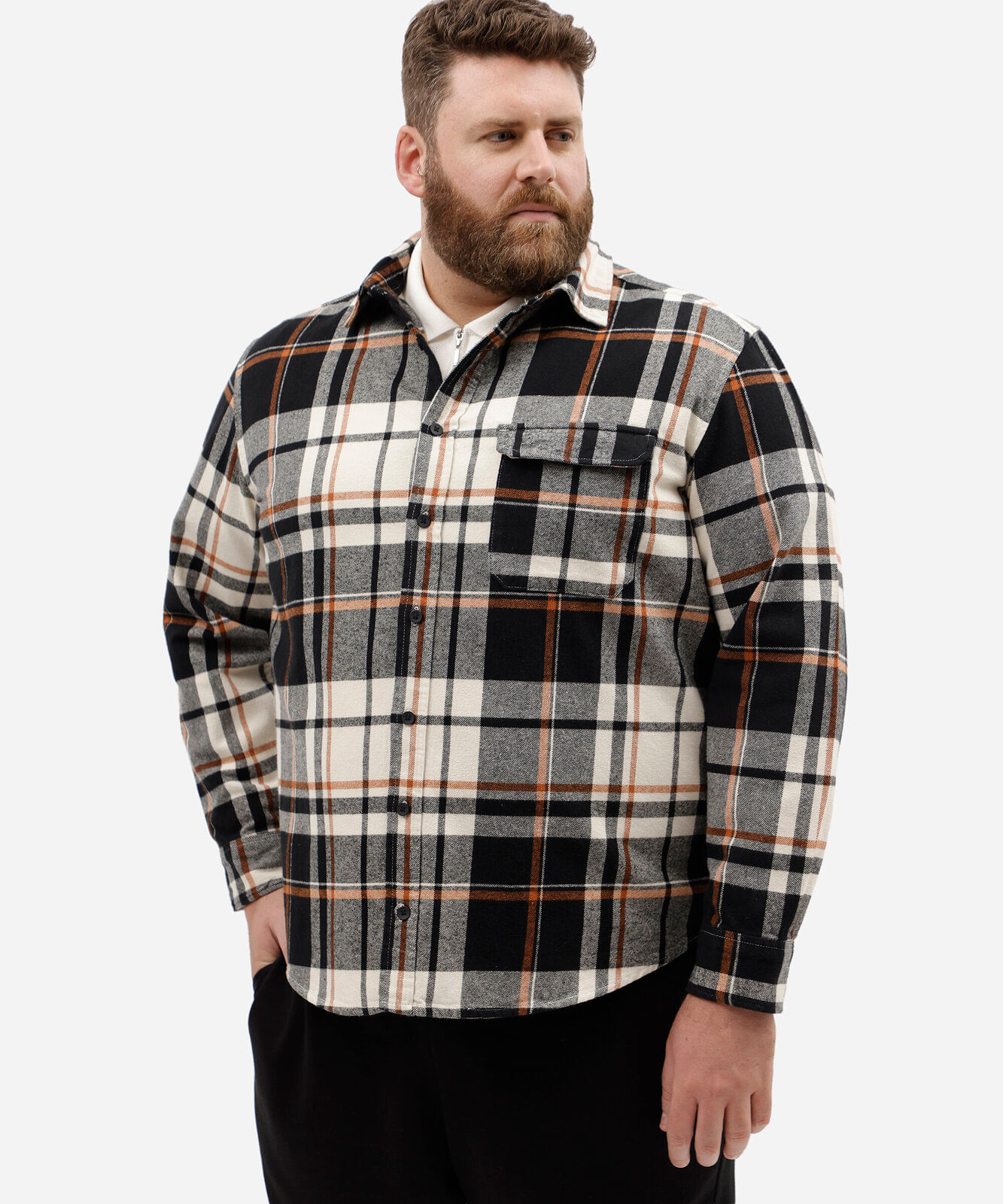 camisa masculina de algodão manga longa xadrez plus size preta