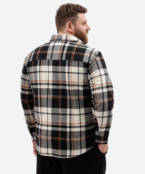 camisa masculina de algodão manga longa xadrez plus size preta