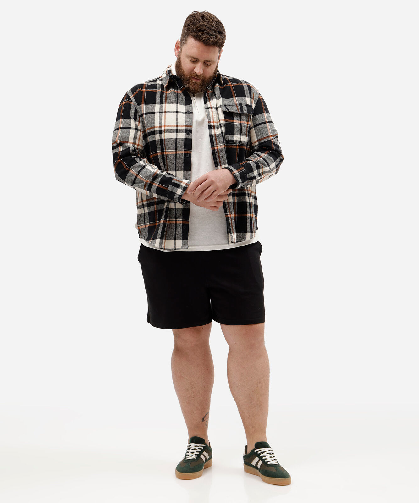 camisa masculina de algodão manga longa xadrez plus size preta
