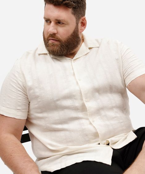 camisa masculina com linho manga curta texturizada plus size off white