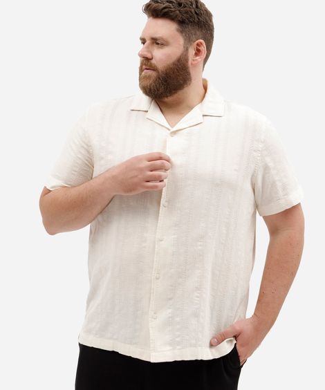 camisa masculina com linho manga curta texturizada plus size off white