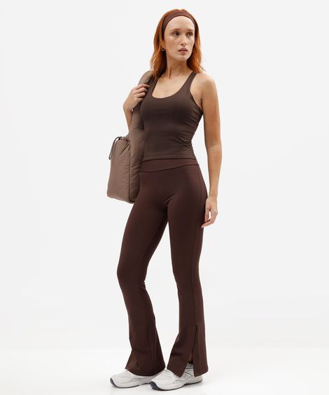 calça flare esportiva feminina de poliamida com fendas marrom