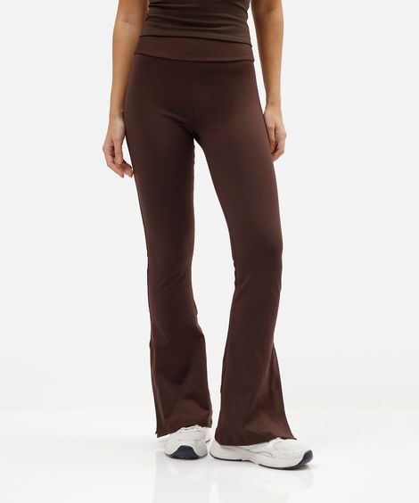 calça flare esportiva feminina de poliamida com fendas marrom