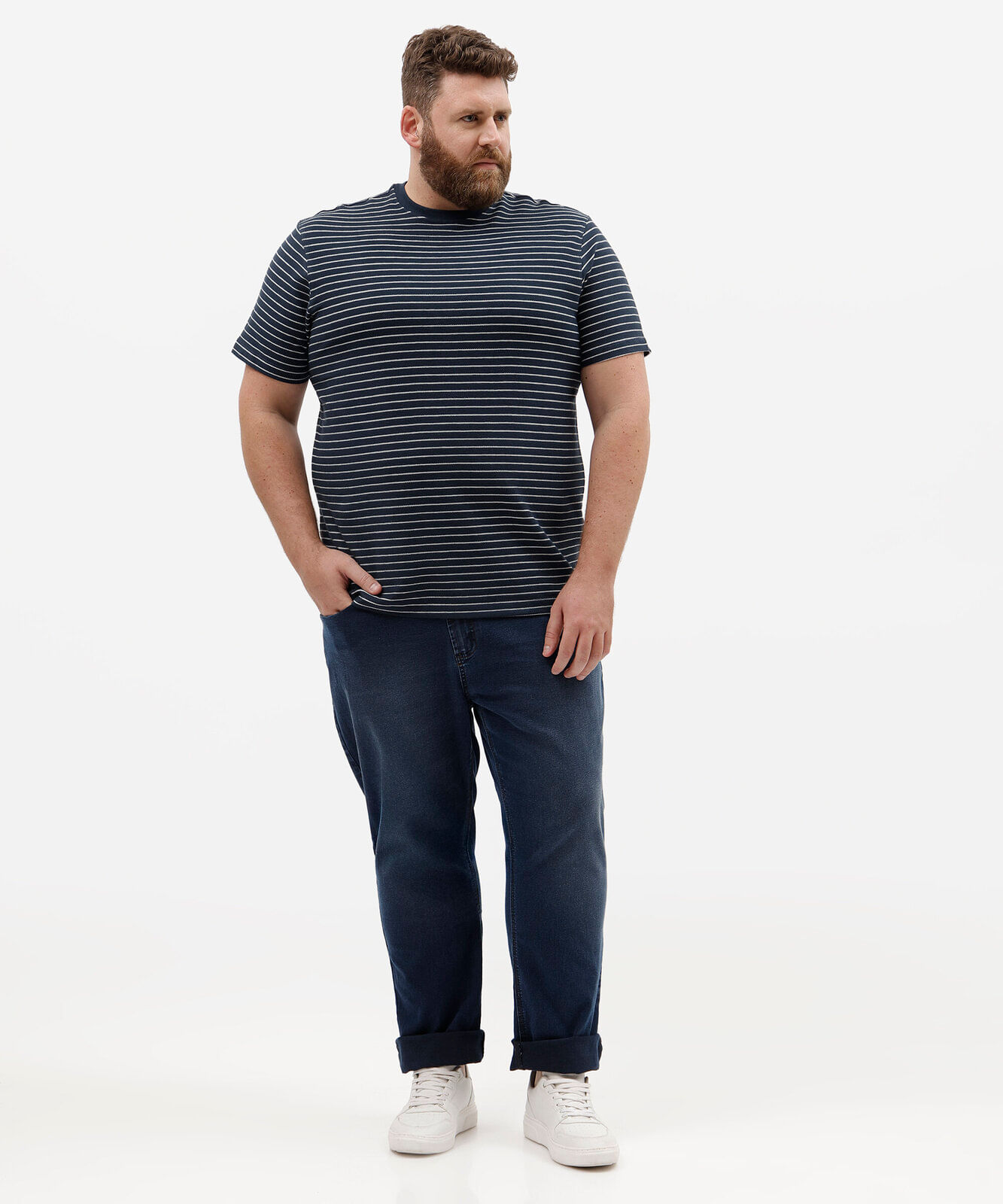 camiseta masculina comfort listrada plus size off white