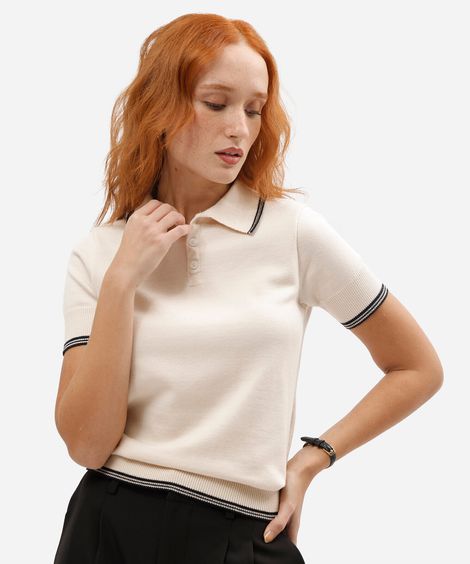 polo feminina de tricot manga curta off white