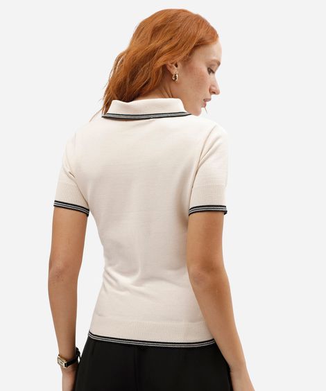 polo feminina de tricot manga curta off white