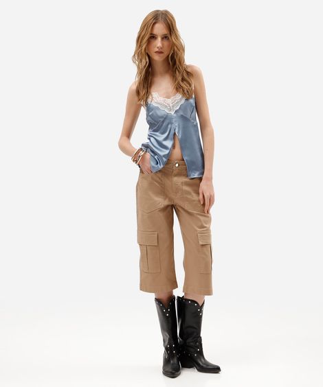 calça capri cargo feminina de sarja cintura média bege