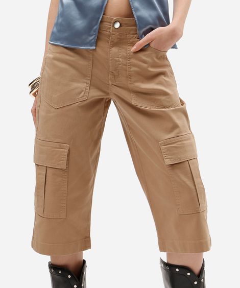 calça capri cargo feminina de sarja cintura média bege