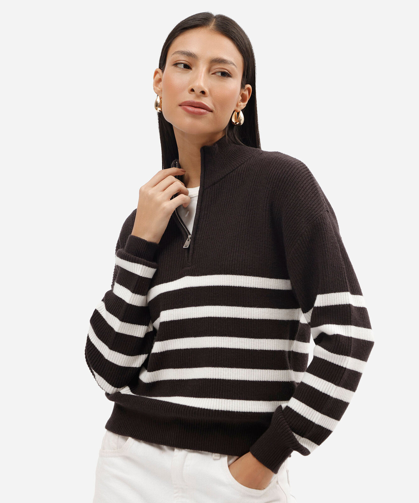 suéter feminino de tricot com zíper listrado azul