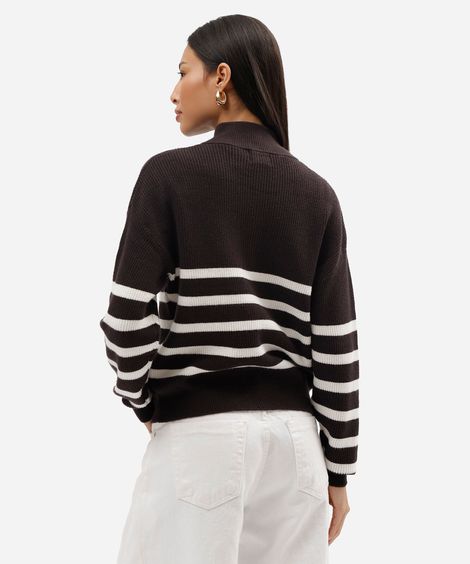 suéter feminino de tricot com zíper listrado azul