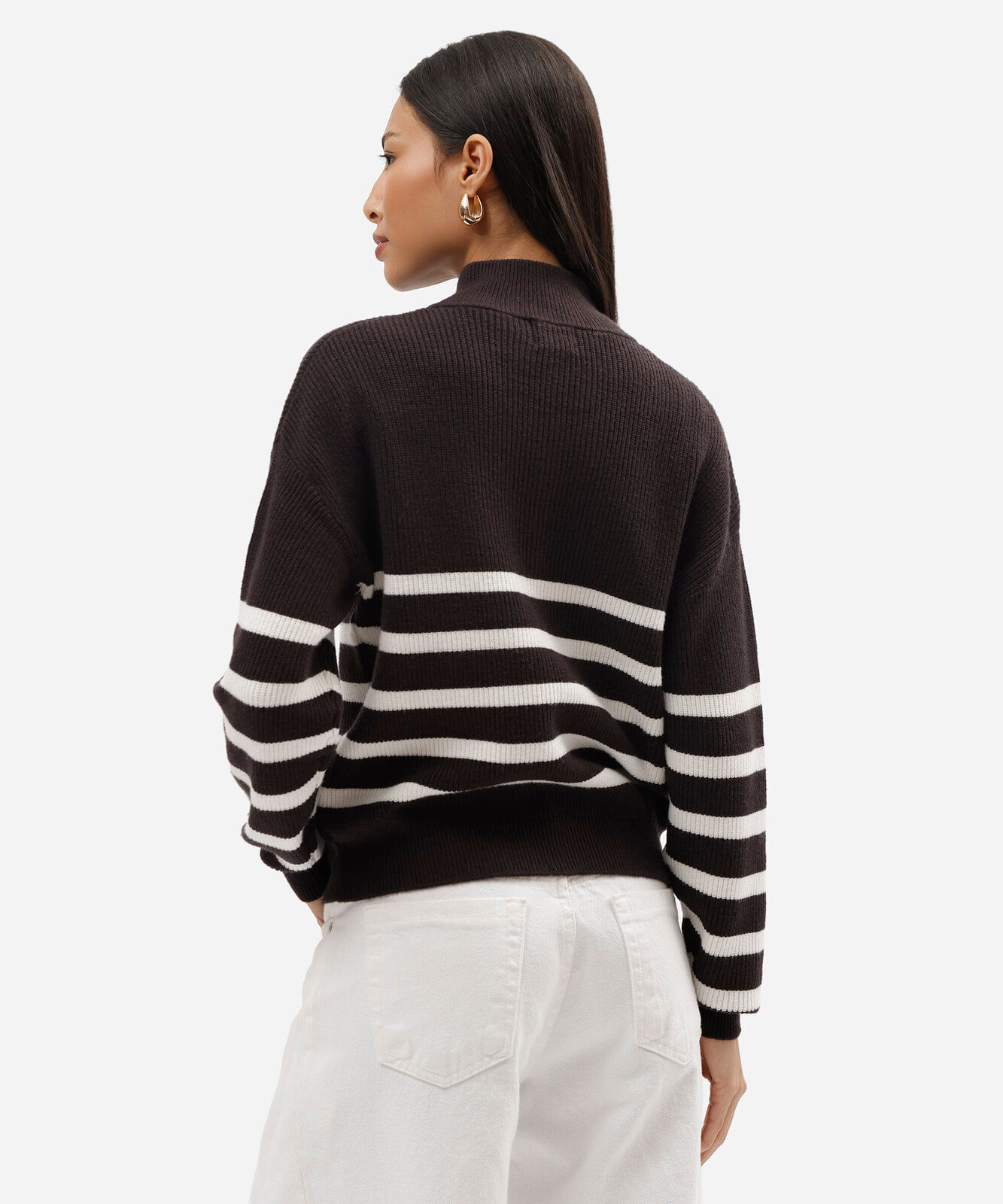 suéter feminino de tricot com zíper listrado azul