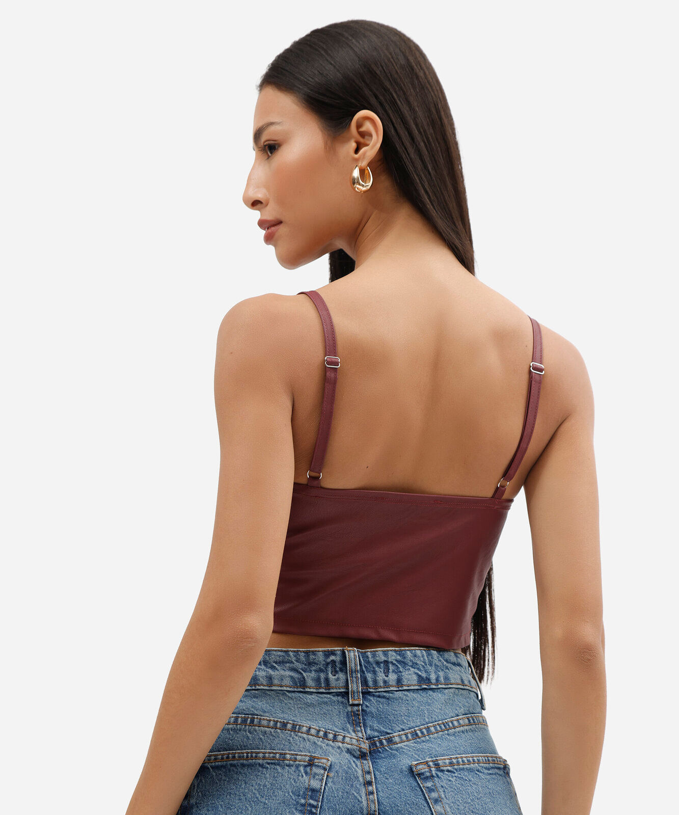 top cropped feminino de pu alça fina vinho