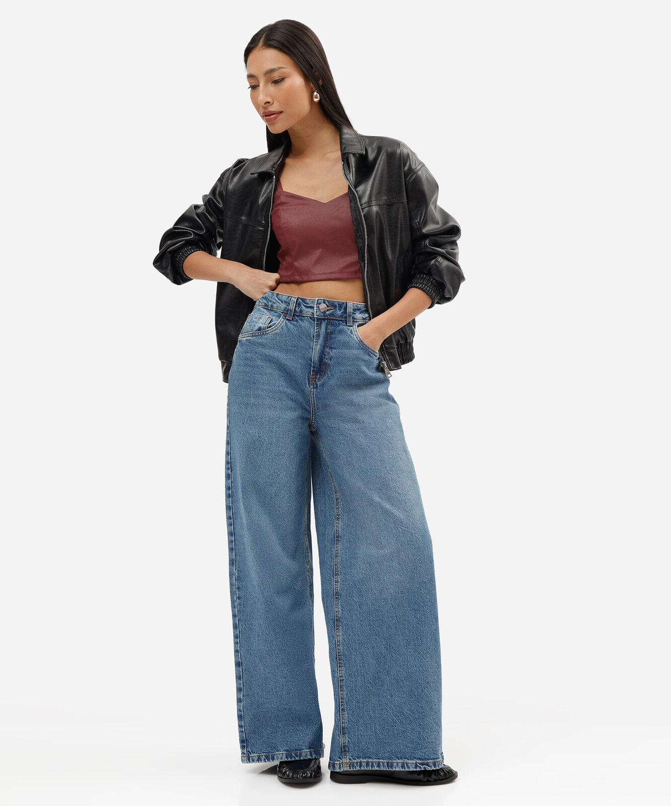 top cropped feminino de pu alça fina vinho
