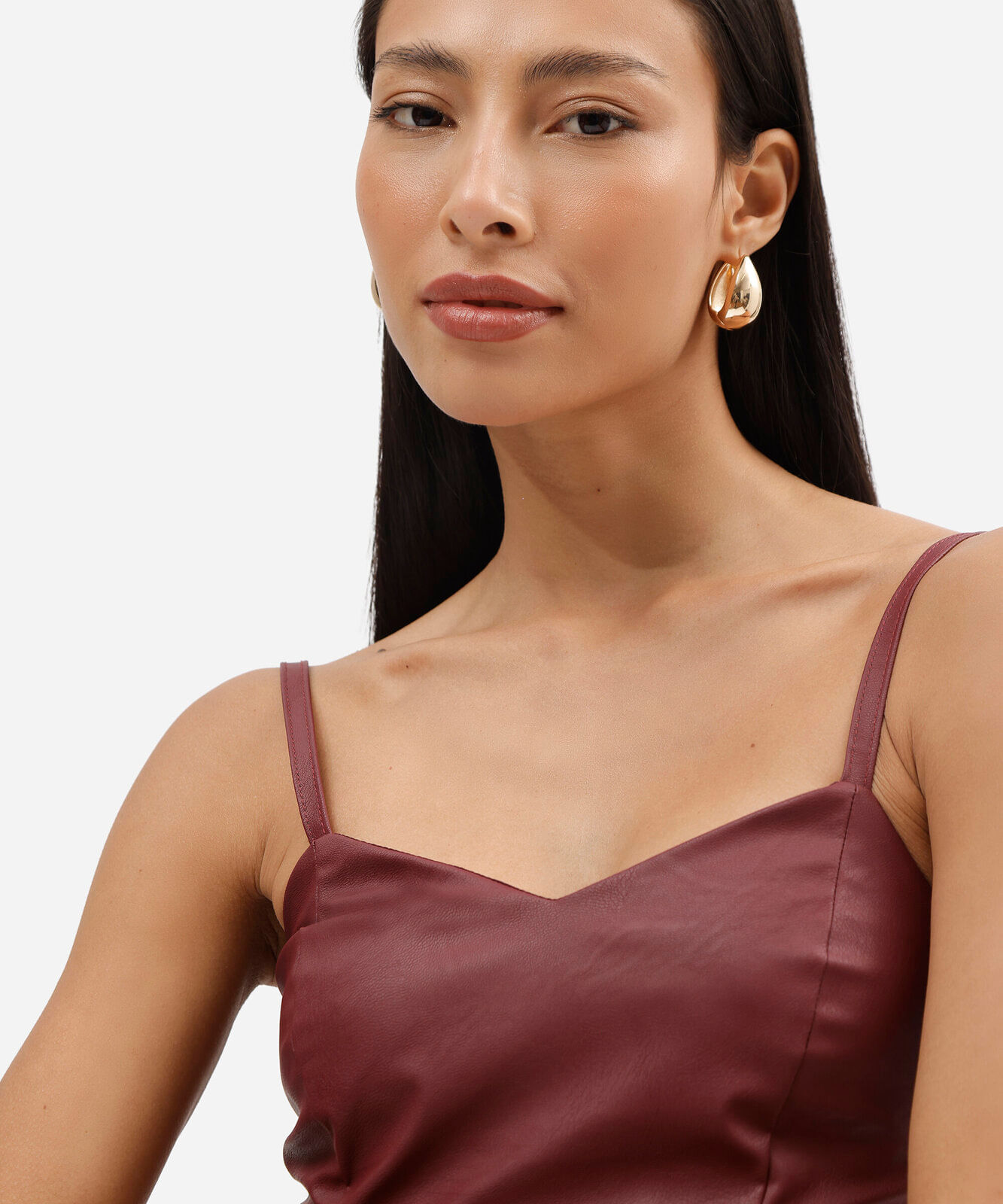top cropped feminino de pu alça fina vinho