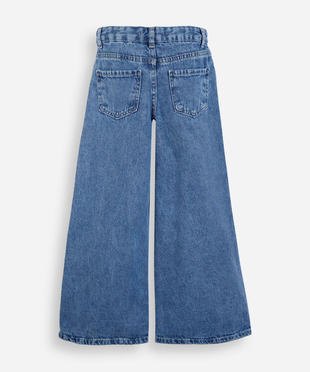 calça wide leg infantil com bordados azul