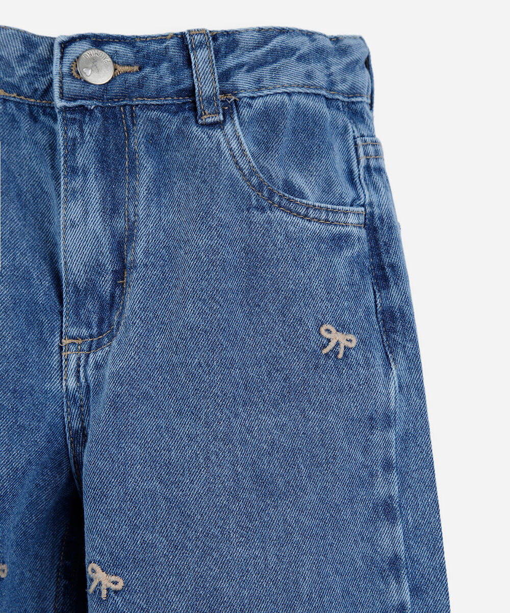 calça wide leg infantil com bordados azul