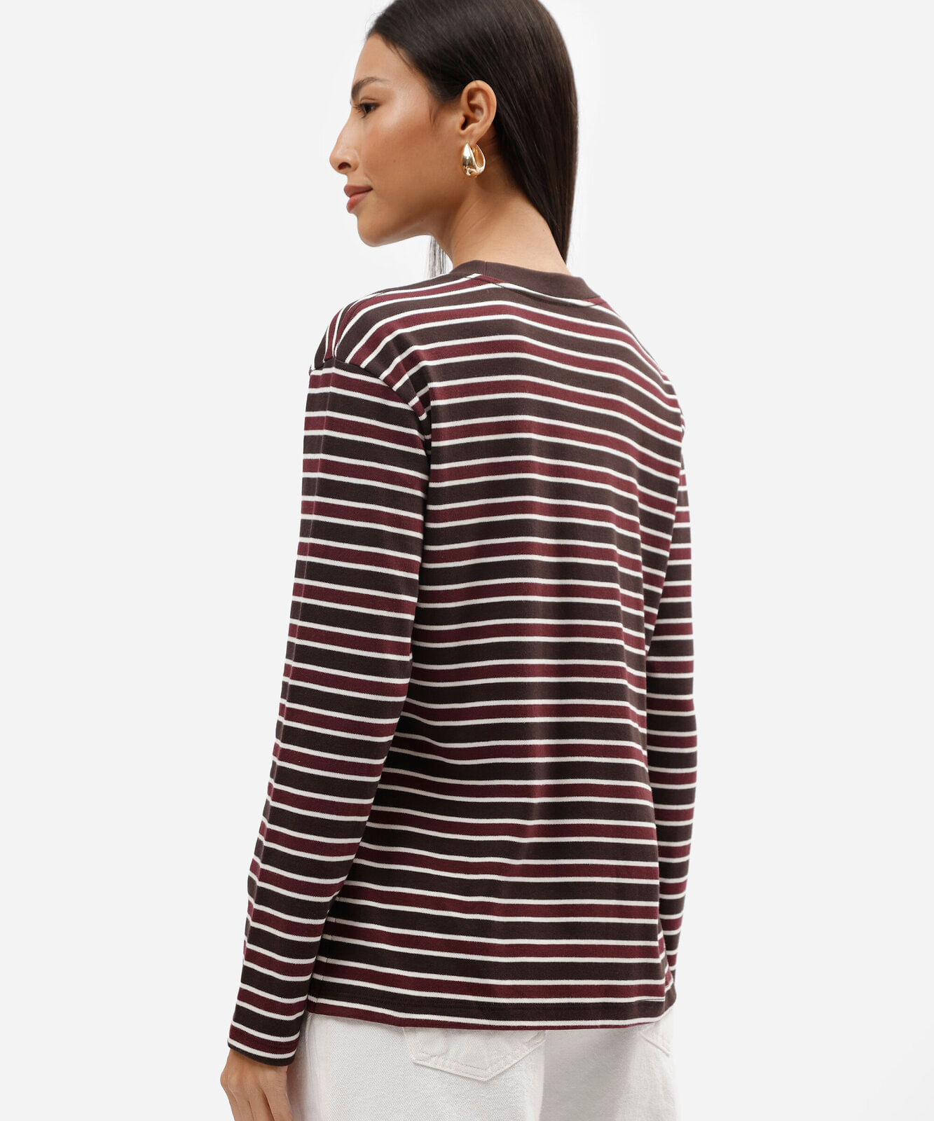 blusa feminina de algodão peruano manga longa listrada marrom