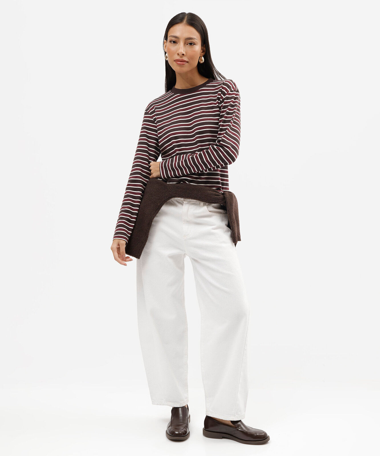 blusa feminina de algodão peruano manga longa listrada marrom