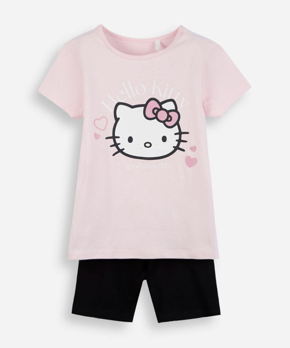 conjunto curto infantil de algodão hello kitty colorido