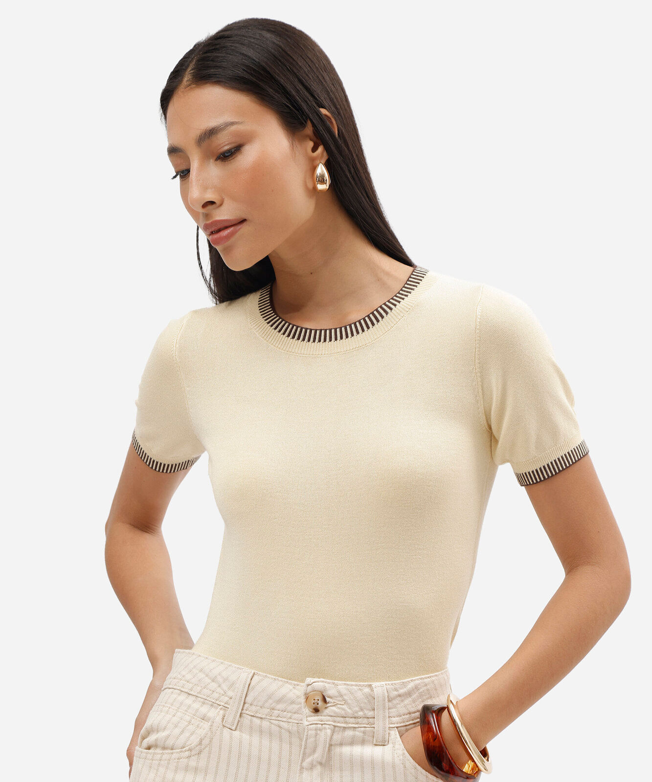 calça wide leg cropped feminina de sarja cintura alta bege