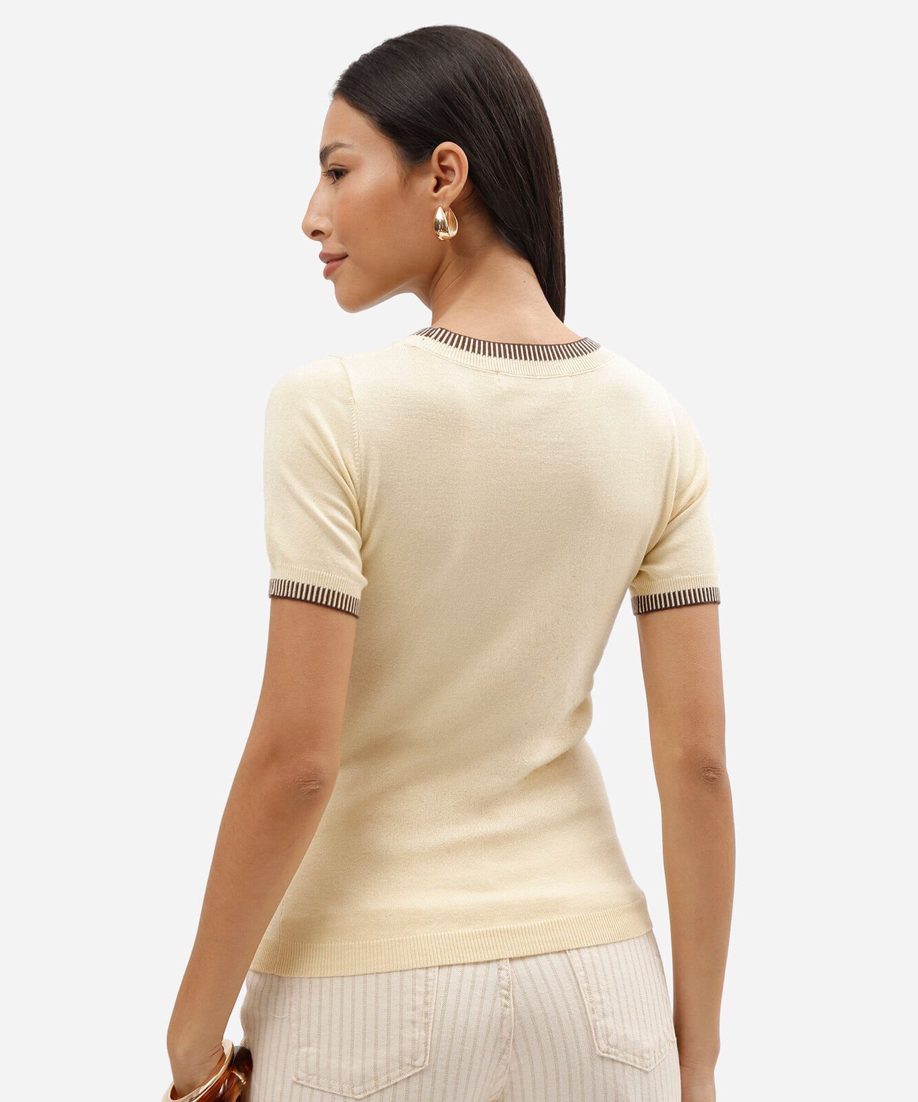 calça wide leg cropped feminina de sarja cintura alta bege