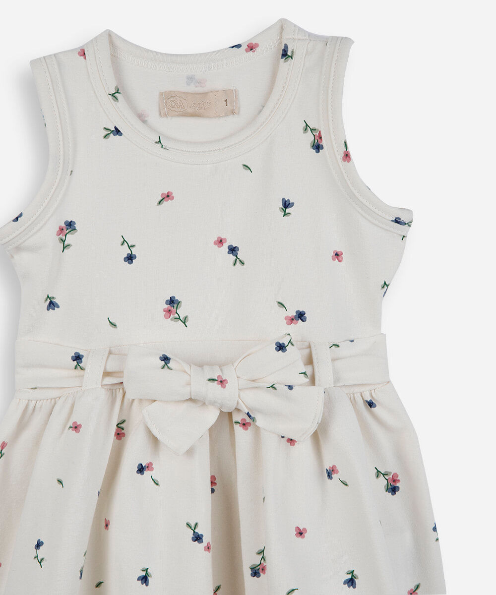vestido infantil de algodão com laço floral off white