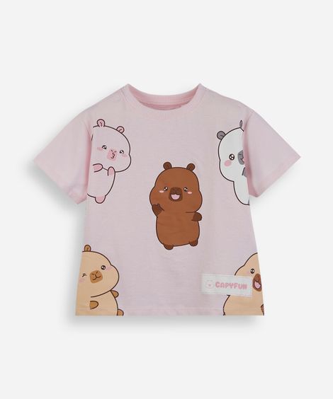 camiseta infantil de algodão manga curta capyfun rosa