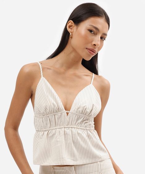 blusa alça fina feminina listrada franzida off white