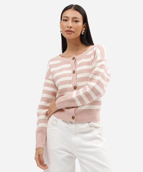 cardigan feminino de tricot listrado rosa