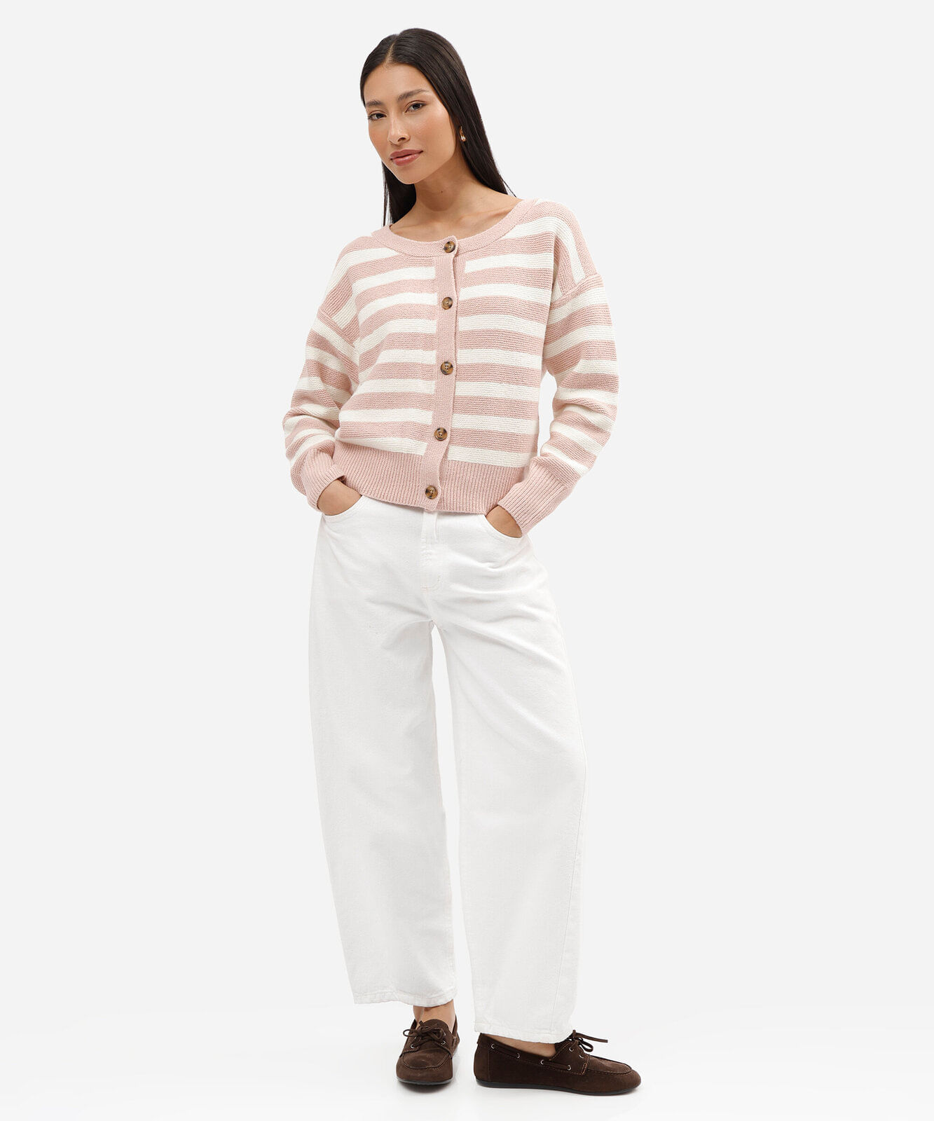 cardigan feminino de tricot listrado rosa
