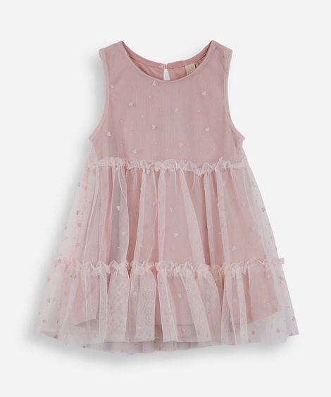 vestido infantil de tule com recorte corações rosa