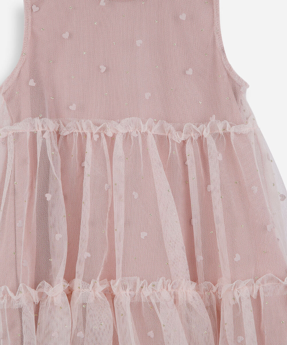 vestido infantil de tule com recorte corações rosa