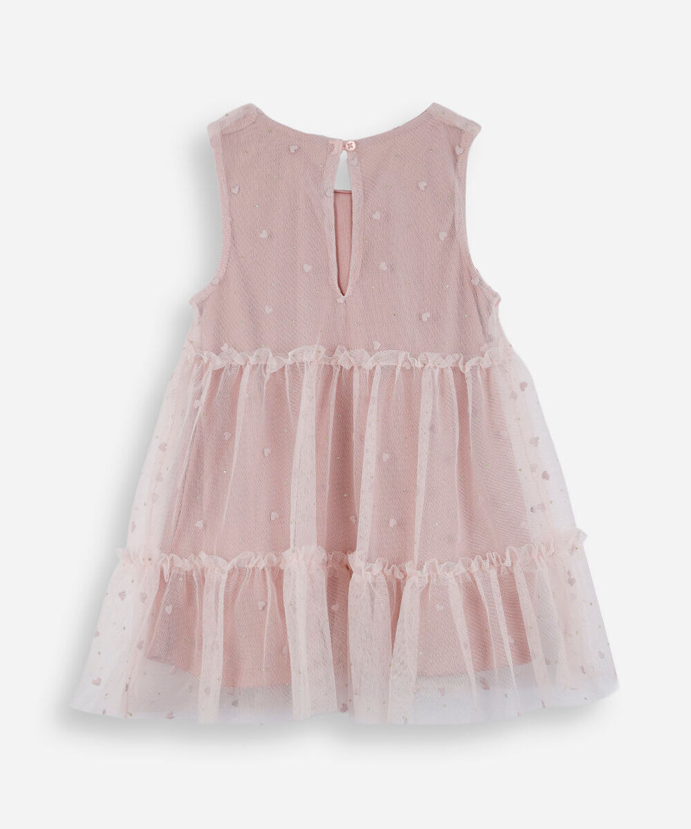 vestido infantil de tule com recorte corações rosa