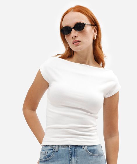 blusa feminina de algodão decote canoa manga curta off white