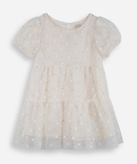 vestido infantil de tule manga curta com recortes e laços floral off white
