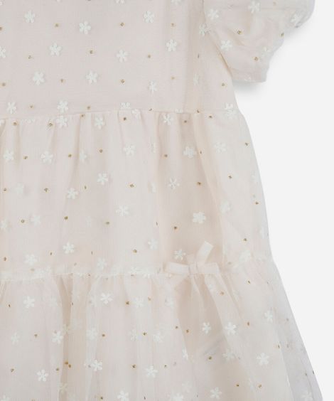 vestido infantil de tule manga curta com recortes e laços floral off white