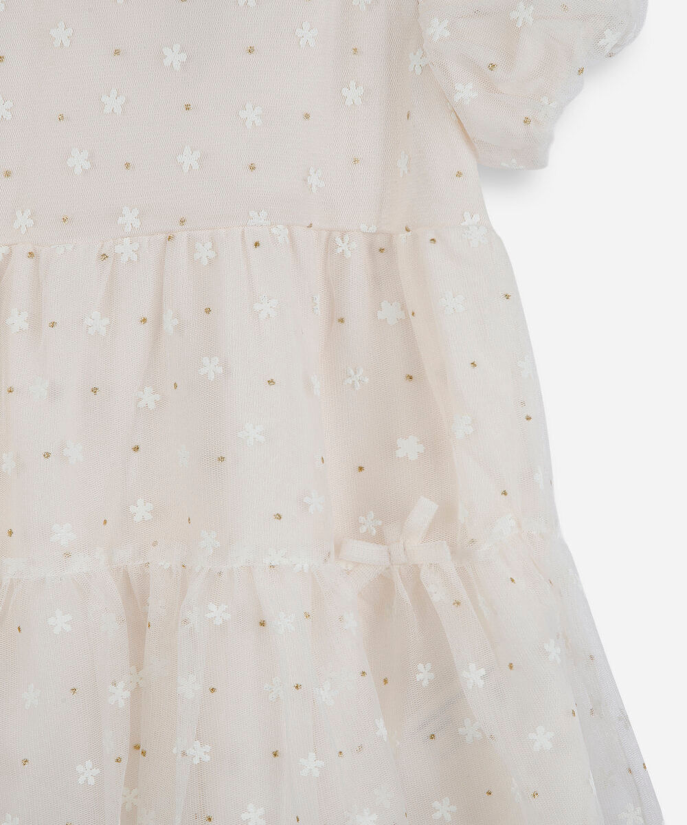 vestido infantil de tule manga curta com recortes e laços floral off white