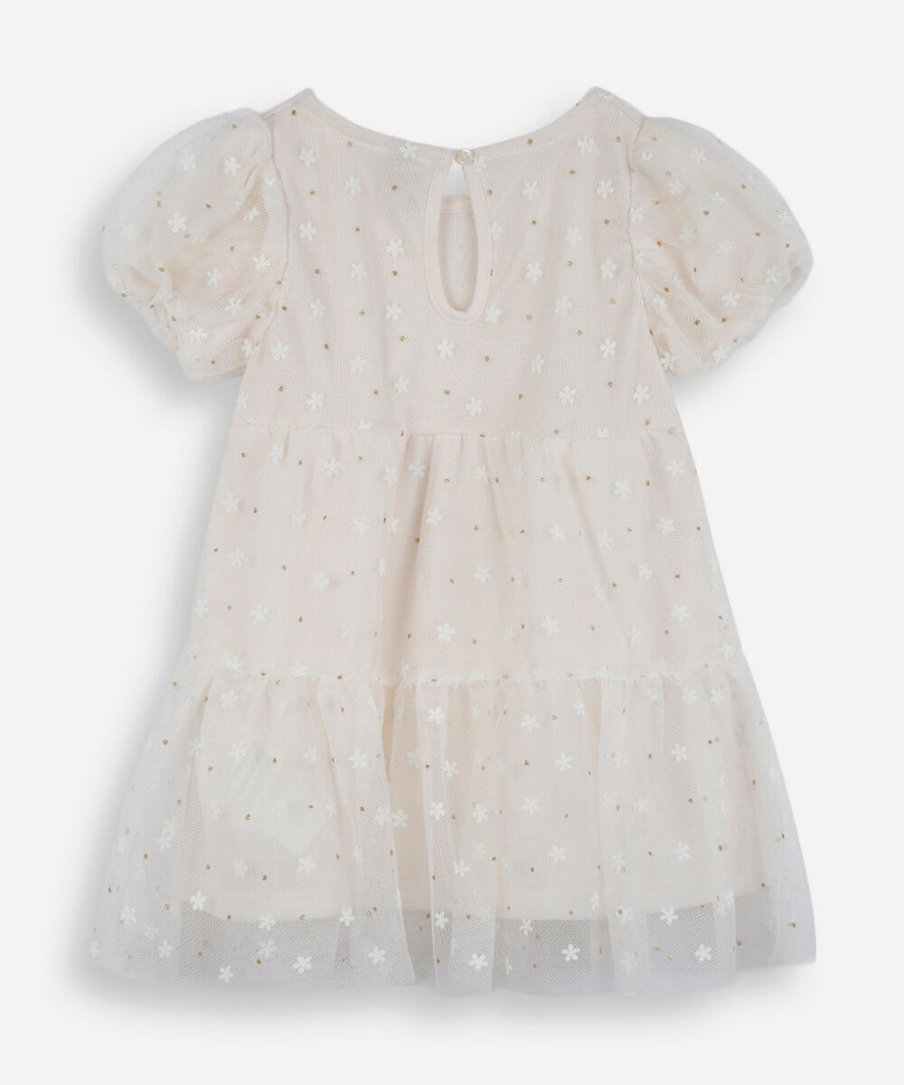 vestido infantil de tule manga curta com recortes e laços floral off white