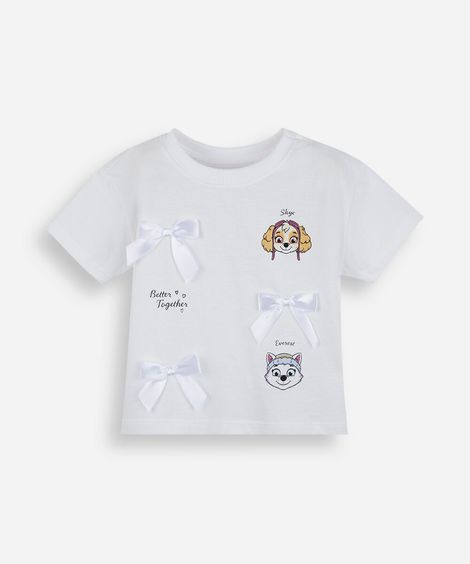 camiseta infantil de algodão patrulha canina com laços manga curta off white